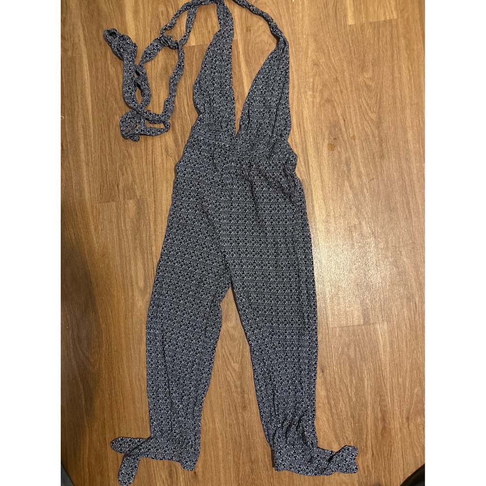 Lulus Black White Geometric Print Halter Jumpsuit Open Back Tie Ankle Small